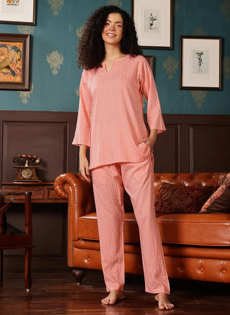 Clovia Clovia Geometric Print Kurta Top & Pyjama Set in Peach Colour - Rayon