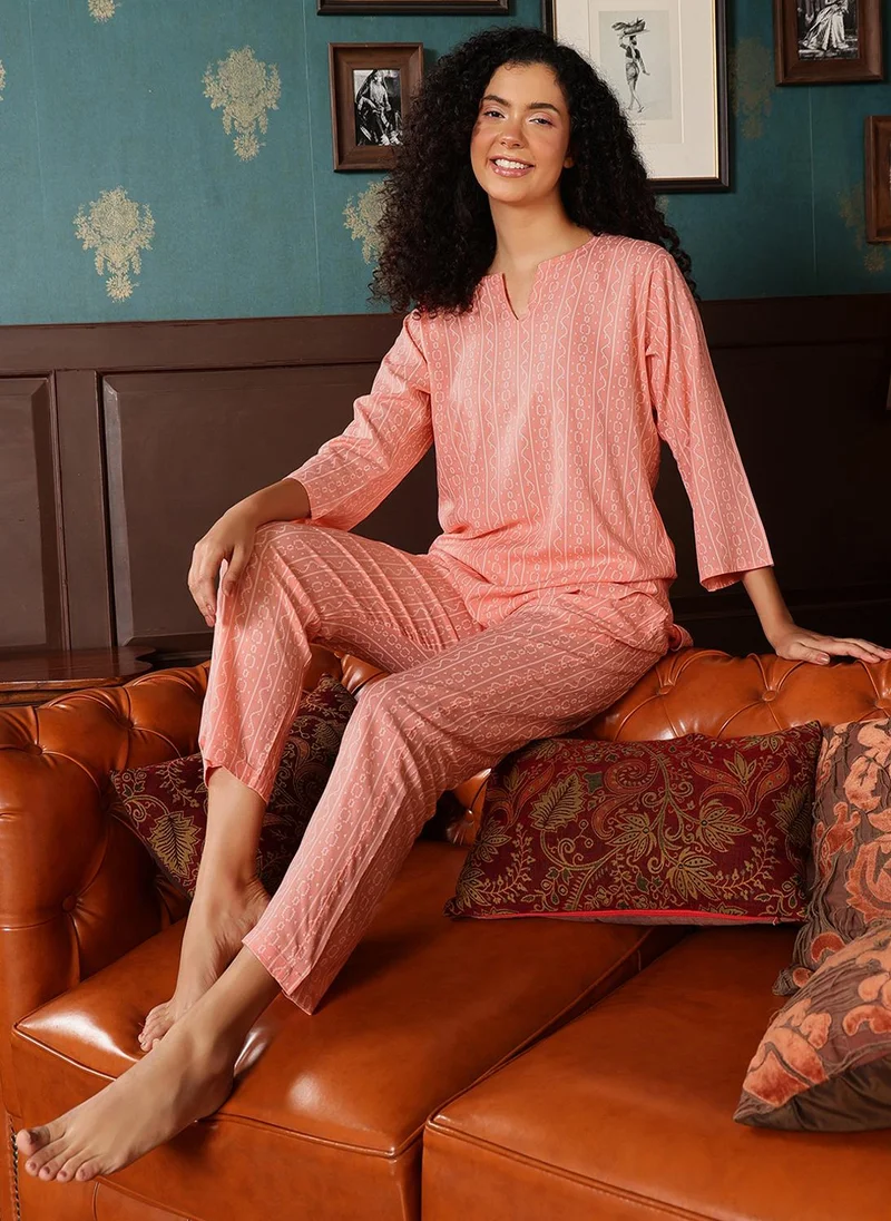 Clovia Clovia Geometric Print Kurta Top & Pyjama Set in Peach Colour - Rayon