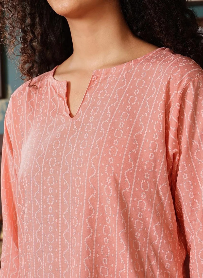 Clovia Clovia Geometric Print Kurta Top & Pyjama Set in Peach Colour - Rayon