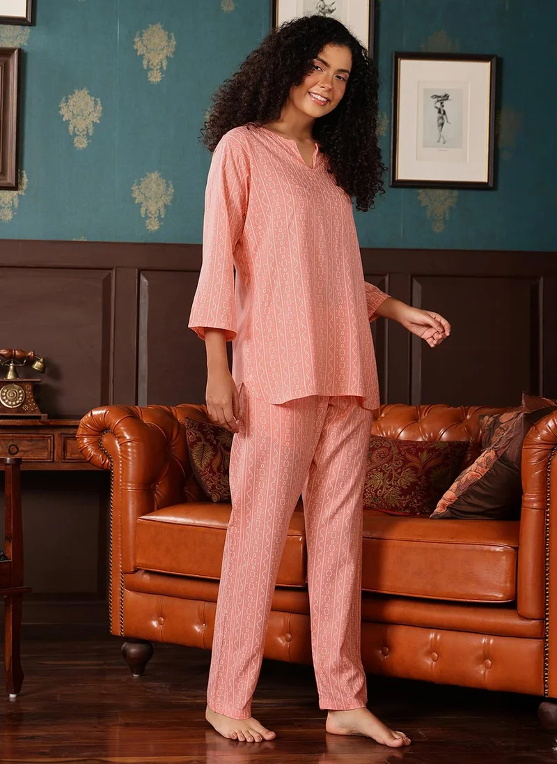 Clovia Clovia Geometric Print Kurta Top & Pyjama Set in Peach Colour - Rayon