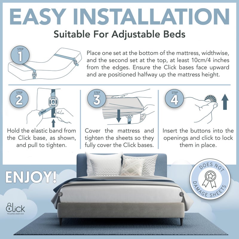 Click Sheet Holders for Adjustable Bed - Sheet Clips & Straps Keep Sheets in Place Firm & Tight on Single, Twin, Split Beds, Heavy Duty Fasteners Stop Sheets from Slipping Off & Secure to Mattress - Image 3