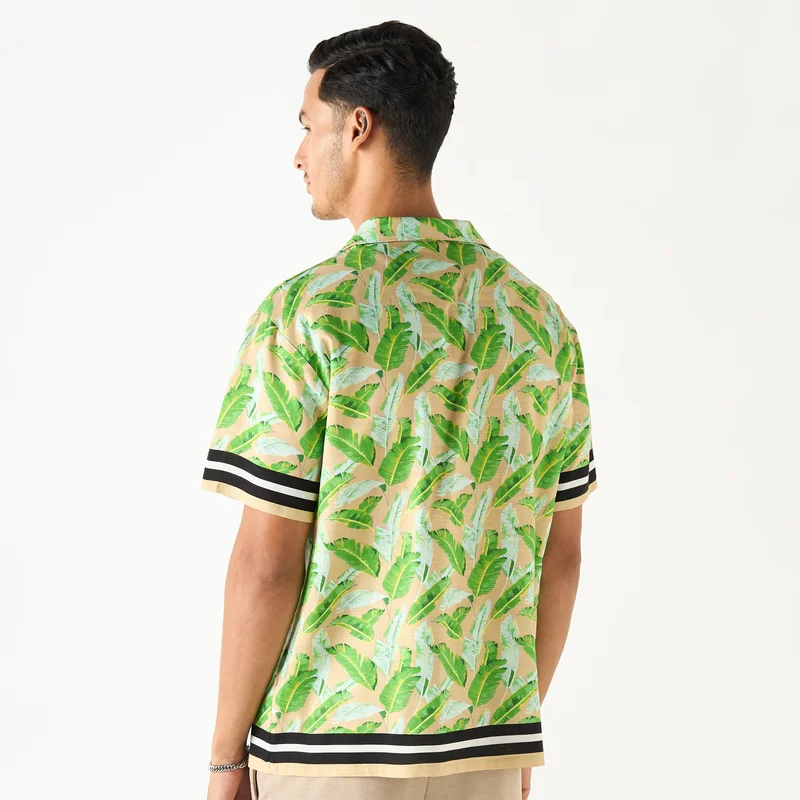 Splash FAV Relaxed Fit Leaf Print Shirt with Camp Collar