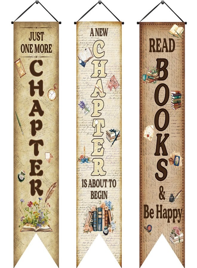 Chiisong 3 Pcs Vintage Book Party Decorations Retro Book Club Banners Library Reading Porch Signs a New Chapter Hanging Flags Photo Prop Backdrop Supplies for Door Wall Yard Birthday School Classroom - Image 1