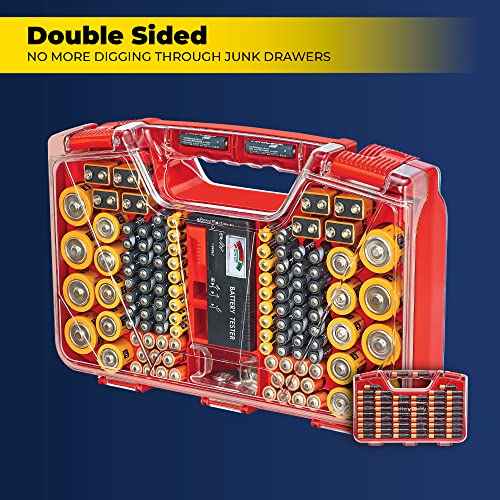 Ontel Battery Daddy Storage & Organizer Case with Tester, Stores & Protects Up to 180 Batteries, Double-Sided, Durable Design with Clear Locking Lid, Secure Latches & Portable Carrying Handle - Red - Image 4