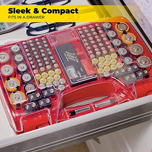 Ontel Battery Daddy Storage & Organizer Case with Tester, Stores & Protects Up to 180 Batteries, Double-Sided, Durable Design with Clear Locking Lid, Secure Latches & Portable Carrying Handle - Red - Image 3