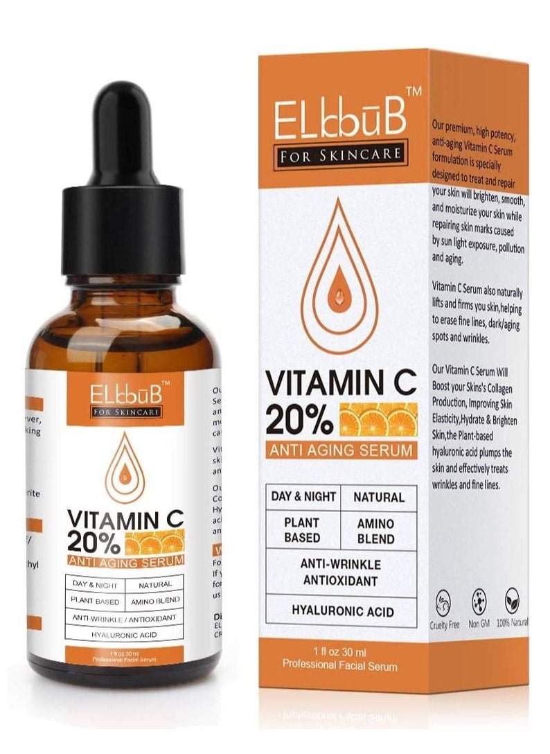 ELBBUB - Vitamin C 20% Anti-Aging Serum for Face with Hyaluronic Acid Retinol & Amino Acids Boost Skin Collagen Brighten Hydrate & Plump Skin Anti-Aging & Wrinkle Facial Serum 30ml - Image 1