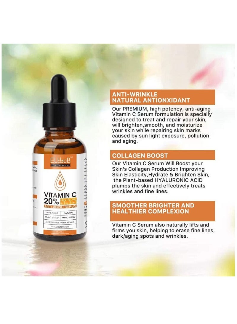 ELBBUB - Vitamin C 20% Anti-Aging Serum for Face with Hyaluronic Acid Retinol & Amino Acids Boost Skin Collagen Brighten Hydrate & Plump Skin Anti-Aging & Wrinkle Facial Serum 30ml - Image 1