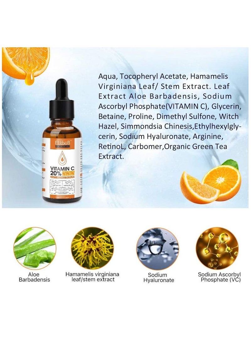 ELBBUB - Vitamin C 20% Anti-Aging Serum for Face with Hyaluronic Acid Retinol & Amino Acids Boost Skin Collagen Brighten Hydrate & Plump Skin Anti-Aging & Wrinkle Facial Serum 30ml - Image 1