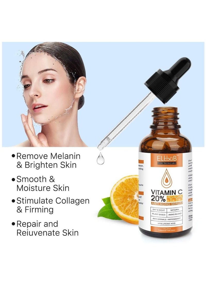 ELBBUB - Vitamin C 20% Anti-Aging Serum for Face with Hyaluronic Acid Retinol & Amino Acids Boost Skin Collagen Brighten Hydrate & Plump Skin Anti-Aging & Wrinkle Facial Serum 30ml - Image 1