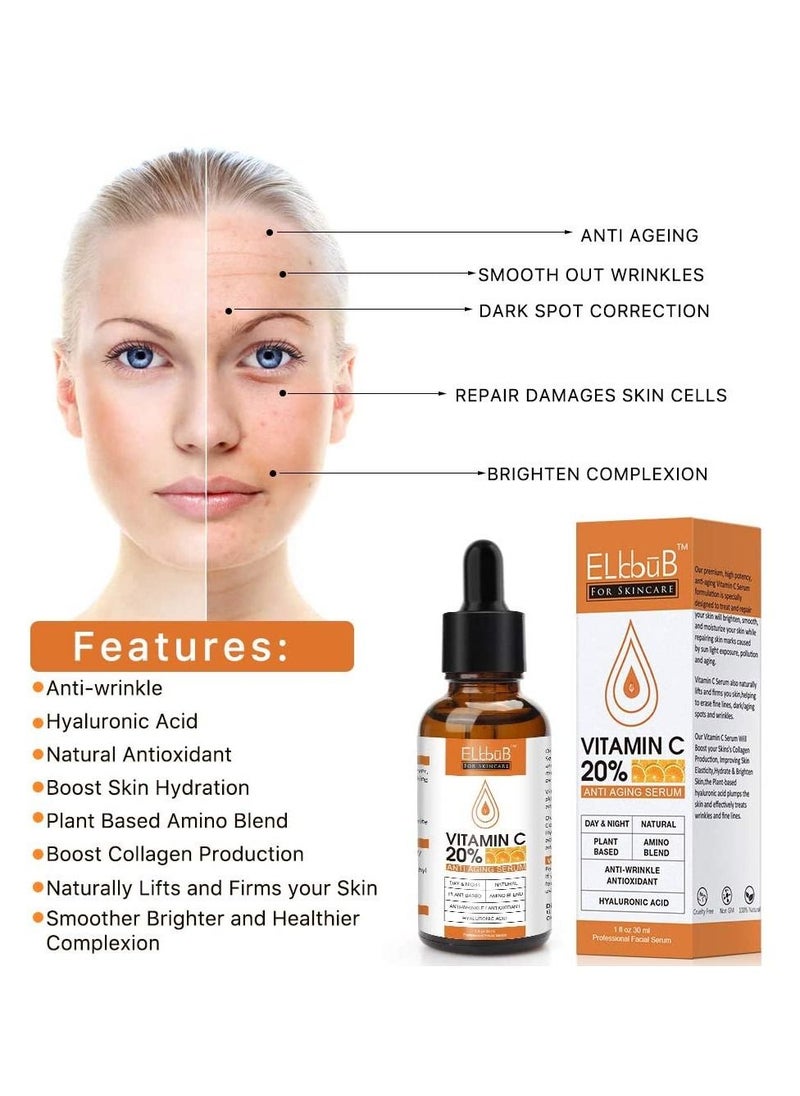 ELBBUB - Vitamin C 20% Anti-Aging Serum for Face with Hyaluronic Acid Retinol & Amino Acids Boost Skin Collagen Brighten Hydrate & Plump Skin Anti-Aging & Wrinkle Facial Serum 30ml - Image 1