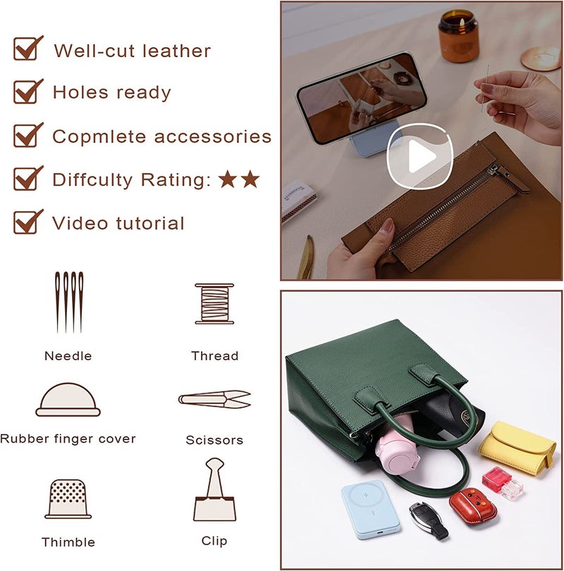 POPSEWING Top Grain Leather Mini Tote Handbag DIY Kit, Crossbody Shoulder Bag with Sewing Kits for Women, Girls, DIY Leather Bag Kit for Personalized Gift (Pink) - Image 4
