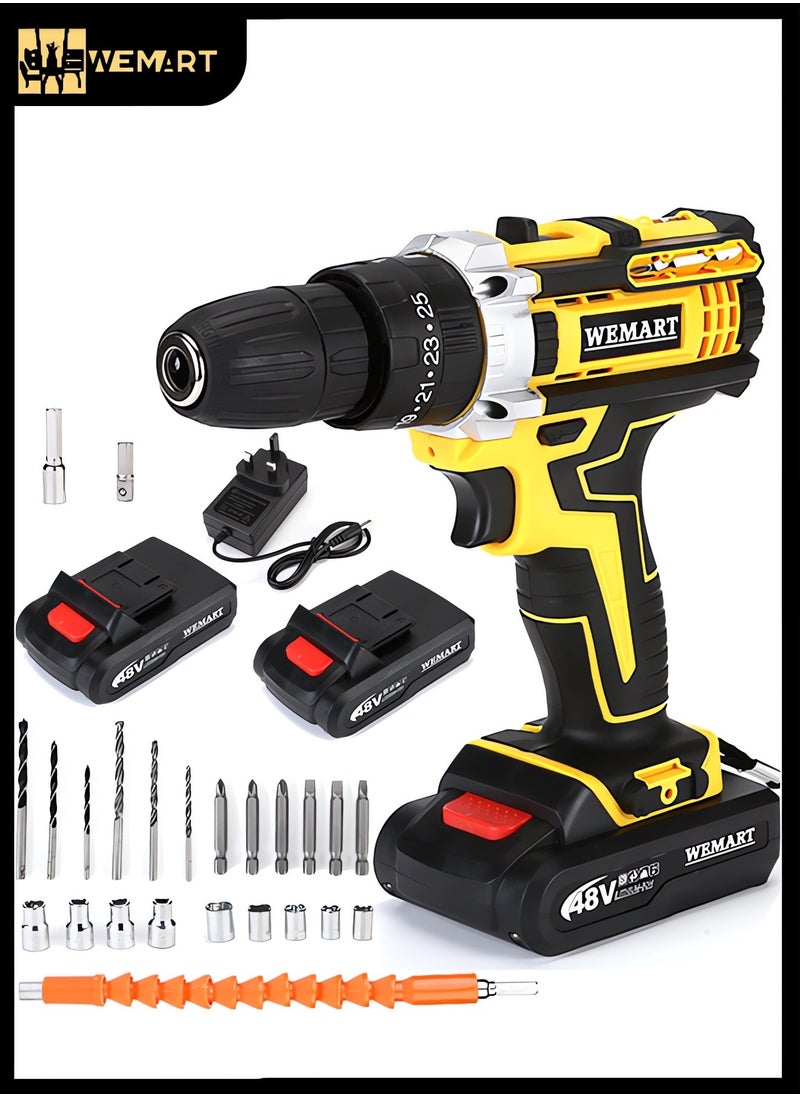 WEMART - 48V Cordless Drill Power Supply, Cordless Drill Kit with Lithium-ion Battery and Charger, Variable Speed Power Drill, 19-Station 24-Piece Power Drill, Driver Accessory Kit Yellow - Image 1