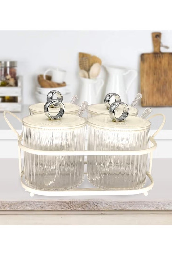 Seasoning Box 4 Piece Clear Acrylic Condiment Spice Jars Condiment Pot With Spoons Lids and Iron Tray Salt Container Sugar Bowl Clear Canisters for Kitchen Home Salt Paprika Sugar