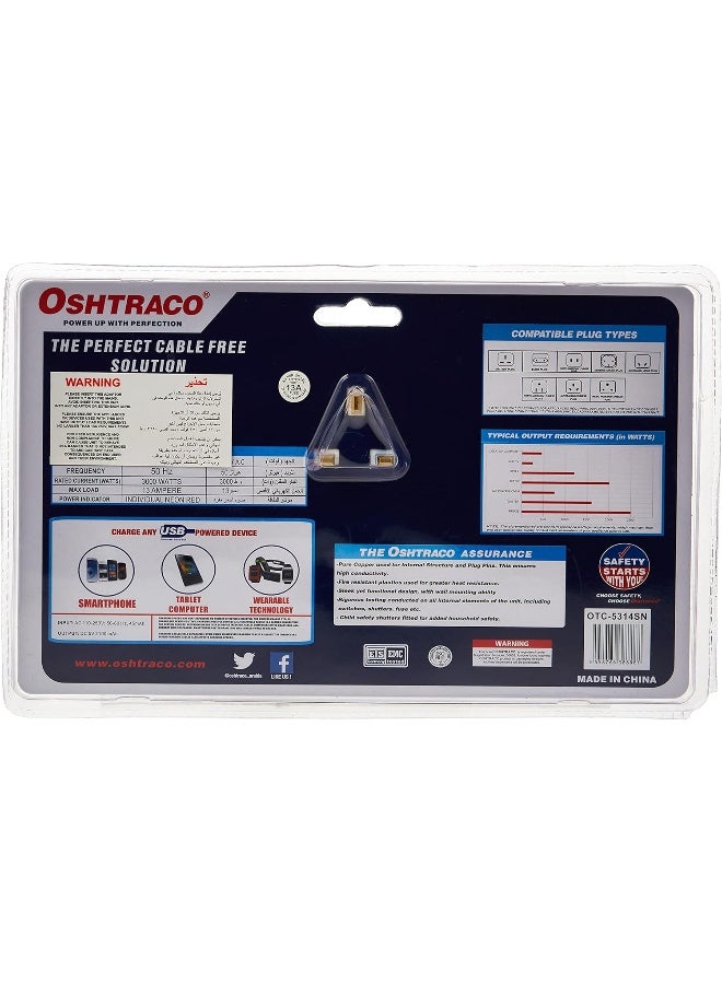 Oshtraco OTC-5314SN 3 WAY Switched T-Shape Socket with 2.4A USB Charging Port - Image 2