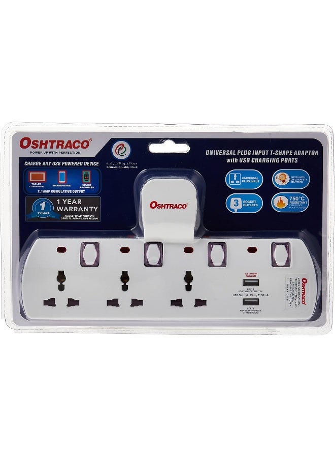 Oshtraco OTC-5314SN 3 WAY Switched T-Shape Socket with 2.4A USB Charging Port - Image 1