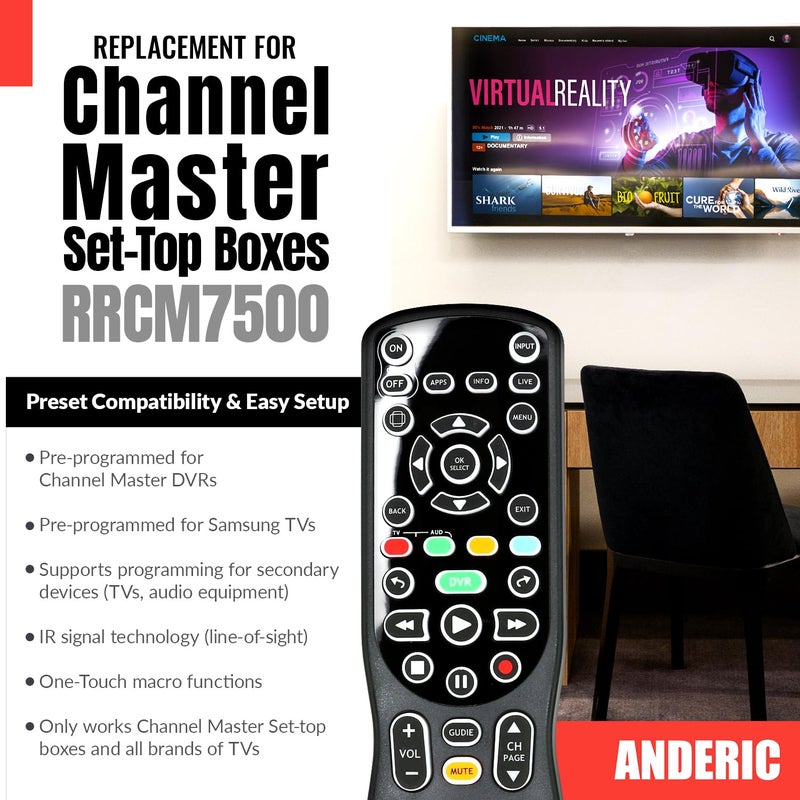 ANDERIC RRCM7500 for Channel Master DVR Remote Control CM7500XRC2 Replacement Remote for Channel Master - Works 100% - Works CM7500XRC2, CM7500GB16, CM7001, CM7004, CM7500TB1 - Image 2