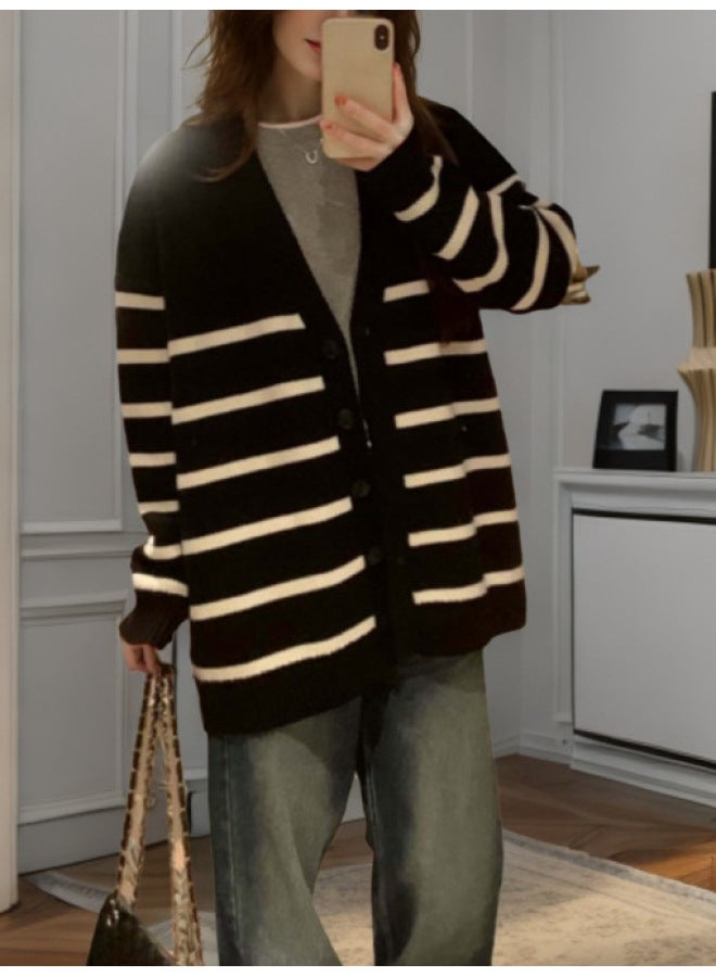 Leyuan Autumn And Winter New Large Version Striped Lazy Style Women's Sweater Coat High-end Knitted Cardigan Top - Image 4