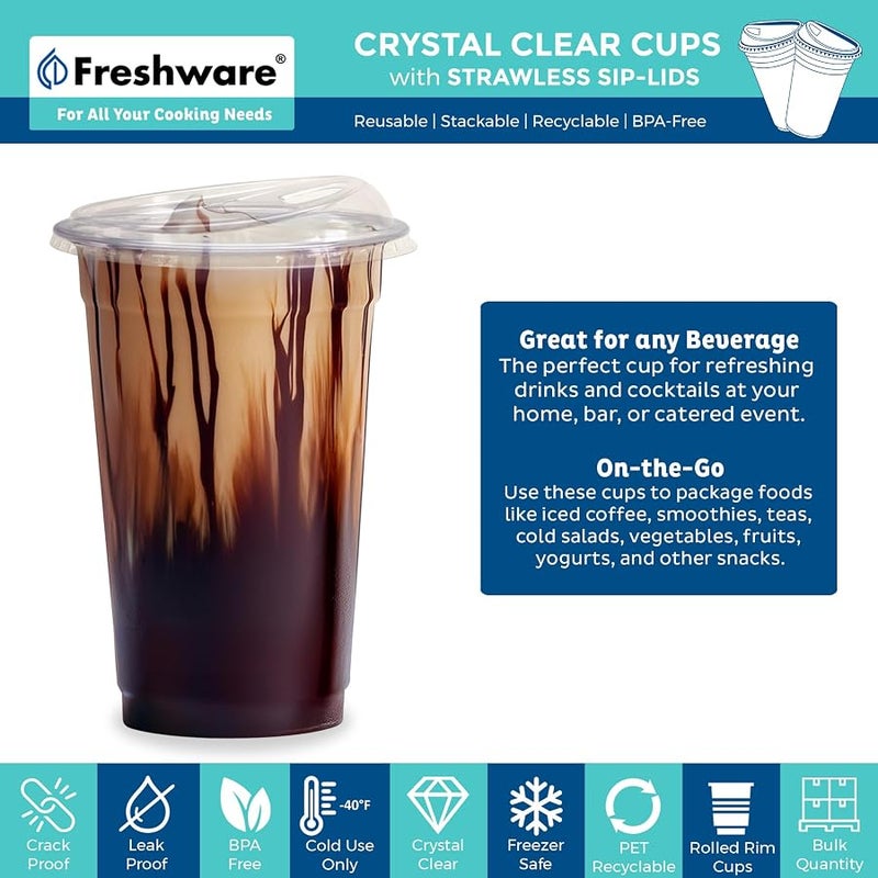 Freshware 100 Pack Clear Plastic Cups with Strawless Drinking Lids, Disposable Cups for Iced Coffee, Smoothie, Milkshake, Cold Drinks, 20oz - Image 2