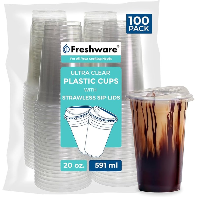 Freshware 100 Pack Clear Plastic Cups with Strawless Drinking Lids, Disposable Cups for Iced Coffee, Smoothie, Milkshake, Cold Drinks, 20oz - Image 1