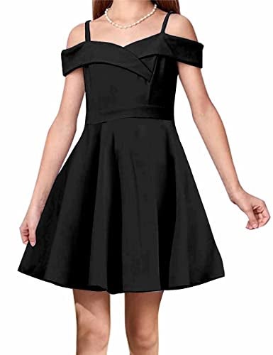 LuckyShe Big Girls Princess Dresses Elegant Cold Shoulder A Line Swing Party Dress for Kids,Black,10 Years - Image 1