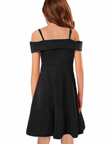 LuckyShe Big Girls Princess Dresses Elegant Cold Shoulder A Line Swing Party Dress for Kids,Black,10 Years - Image 2