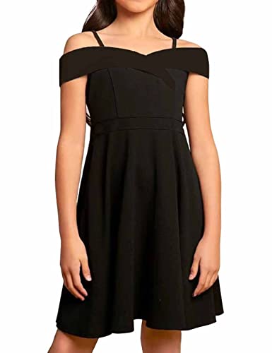 LuckyShe Big Girls Princess Dresses Elegant Cold Shoulder A Line Swing Party Dress for Kids,Black,10 Years - Image 3