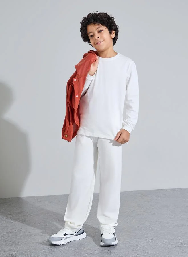 Styli Teen Unisex Off White Solid Long Sleeves T-Shirt and Joggers Set