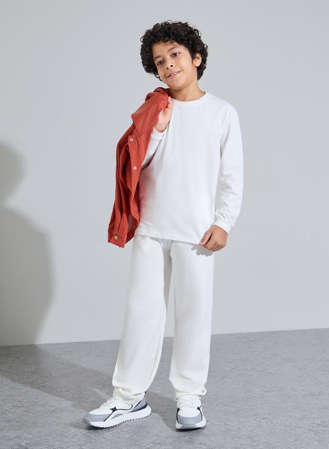 Styli Teen Unisex Off White Solid Long Sleeves T-Shirt and Joggers Set - Image 1