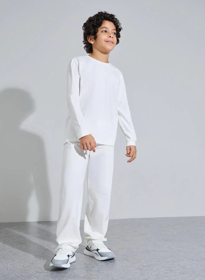 Styli Teen Unisex Off White Solid Long Sleeves T-Shirt and Joggers Set