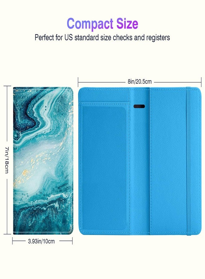 Pisypox Checkbook Cover for Personal Checkbook，Patterned Leather check book covers for women and men，with Pen Holder & Built-in Clear Plastic Divider for Duplicate Checks, Blue Marble, Modern - Image 2