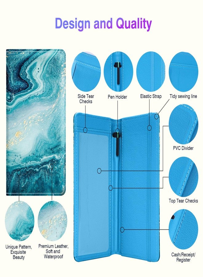 Pisypox Checkbook Cover for Personal Checkbook，Patterned Leather check book covers for women and men，with Pen Holder & Built-in Clear Plastic Divider for Duplicate Checks, Blue Marble, Modern - Image 3