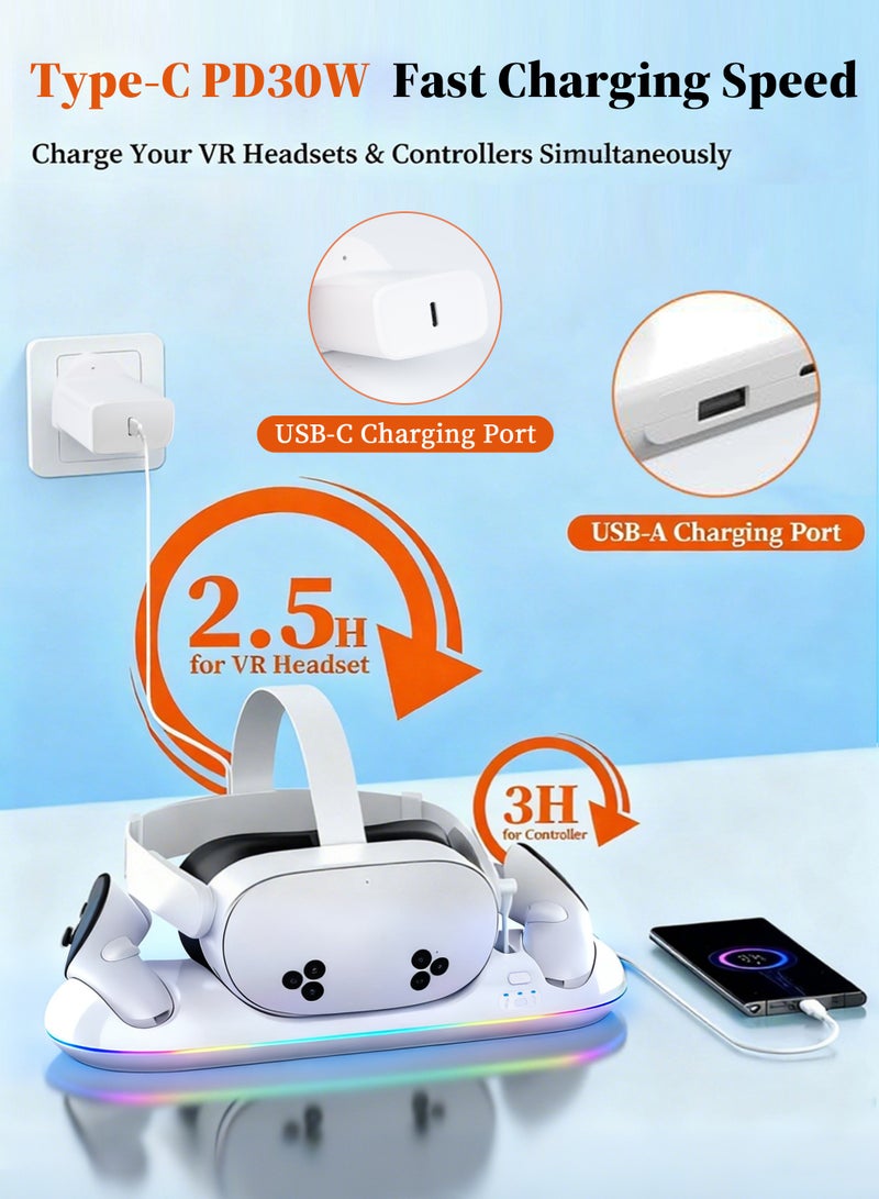 Necomi Charging Dock with RGB for Meta Quest 3S/3/2, 30W PD Magnetic Charging Station for Oculus Quest 3S/3/2 Accessories with Rechargeable 2100mAh Batteries*2, RGB Charging Stand for VR Headset & Controllers - Image 3