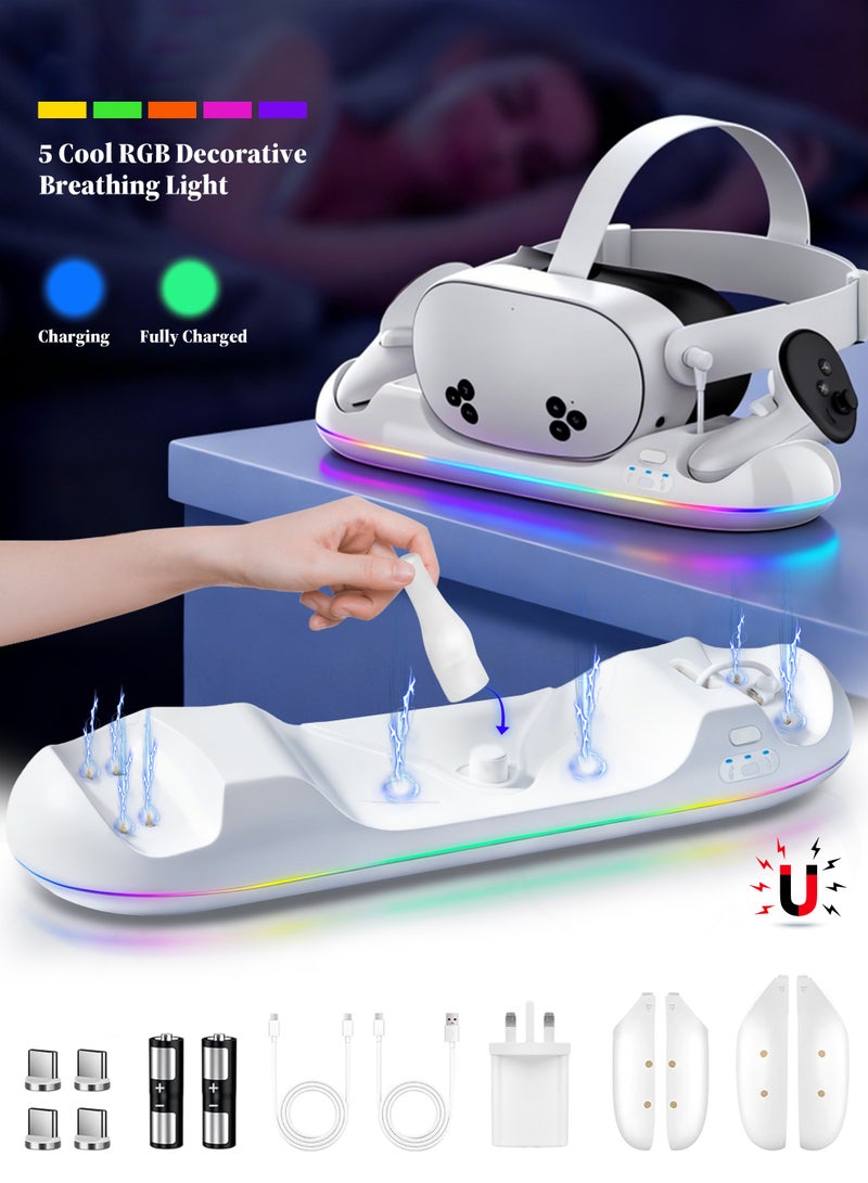 Necomi Charging Dock with RGB for Meta Quest 3S/3/2, 30W PD Magnetic Charging Station for Oculus Quest 3S/3/2 Accessories with Rechargeable 2100mAh Batteries*2, RGB Charging Stand for VR Headset & Controllers - Image 1