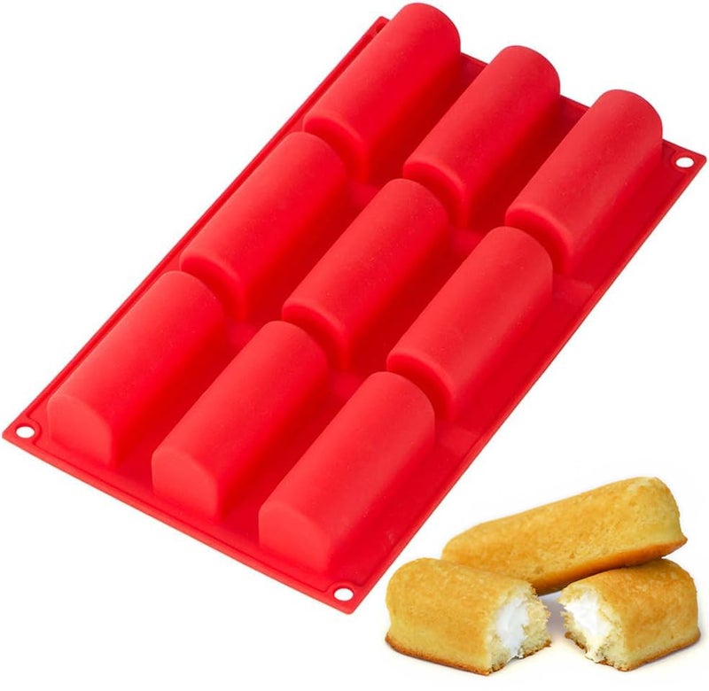 Webake Twinkie Pan Silicone Mini Log Cake Mold For 3D Cylinder Mousse, DIY Pudding Cake Molds Oblong 9 Cavity (Red) - Image 1