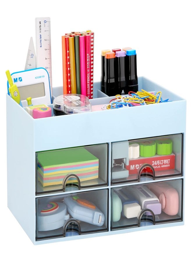 LETURE Office Desktop Organizer with Drawer, Stationary Organizer Desk Caddy, Pen/Pencil/Business Card/Sticky Note Tray/Paperclip Holder Storage Box (Blue) - Image 1