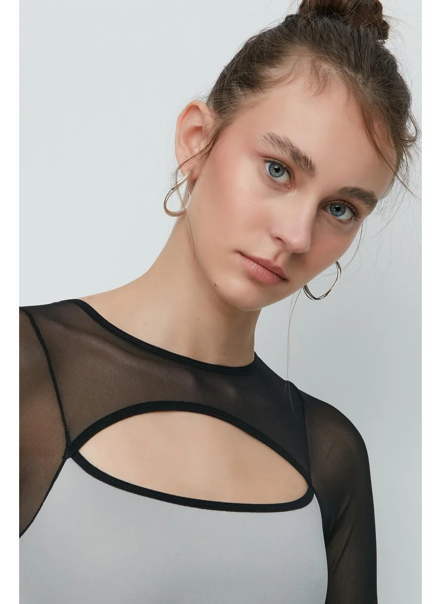 C&city Tulle Detail Long Sleeve Bodysuit 9153 Gray