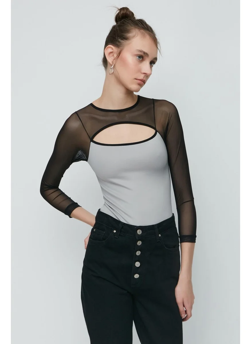 C&city Tulle Detail Long Sleeve Bodysuit 9153 Gray