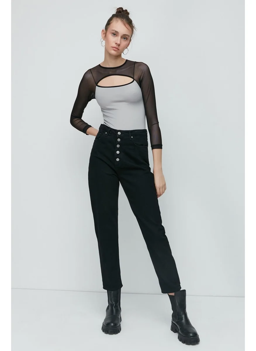 C&city Tulle Detail Long Sleeve Bodysuit 9153 Gray