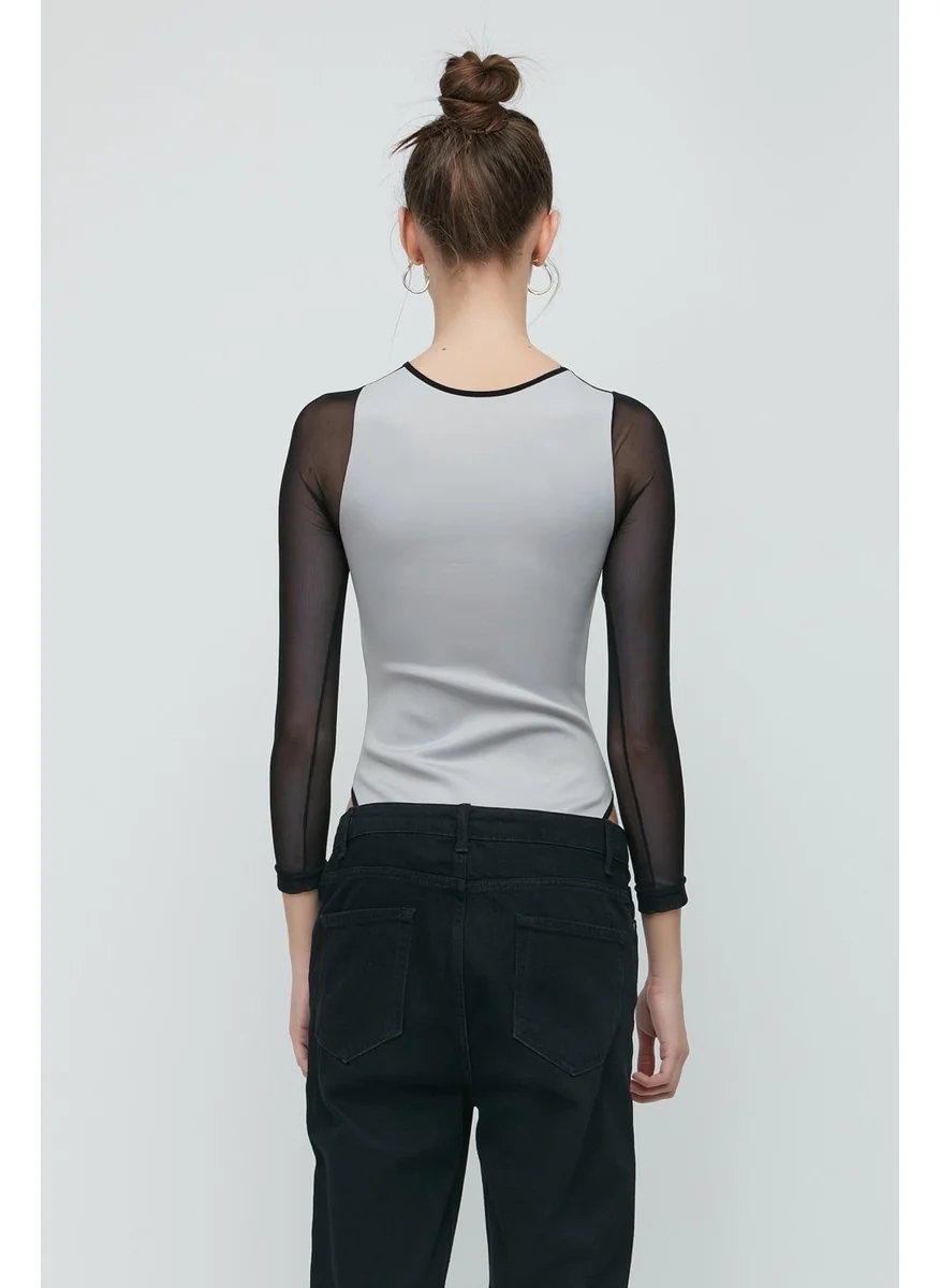 C&city Tulle Detail Long Sleeve Bodysuit 9153 Gray