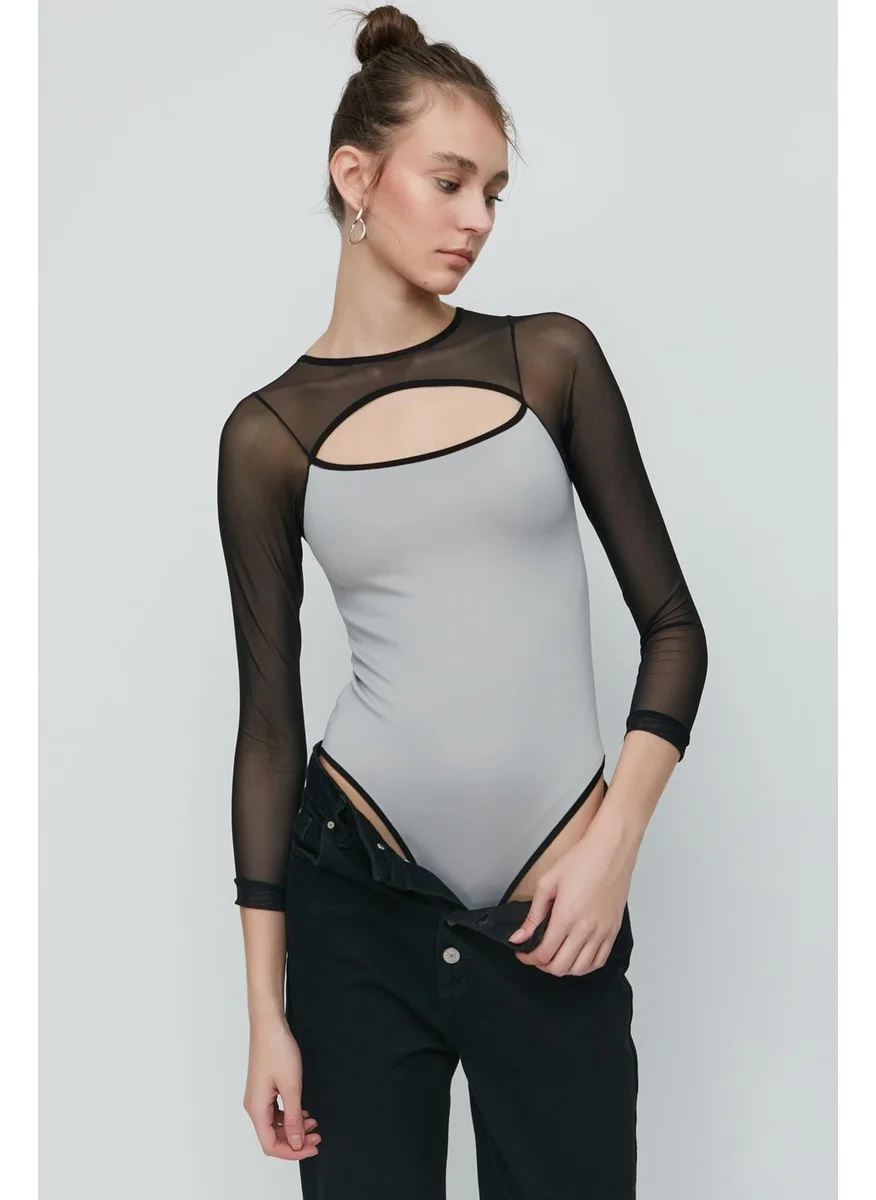 C&city Tulle Detail Long Sleeve Bodysuit 9153 Gray
