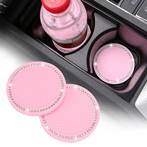 ACODABLEM 2 Pack Bling Cup Holder Insert Coasters, 2.75 Inch Soft Crystal Rhinestone Rubber Pad Set Round Auto Drink Coaster Car Interior Accessories (Pink) - Image 1