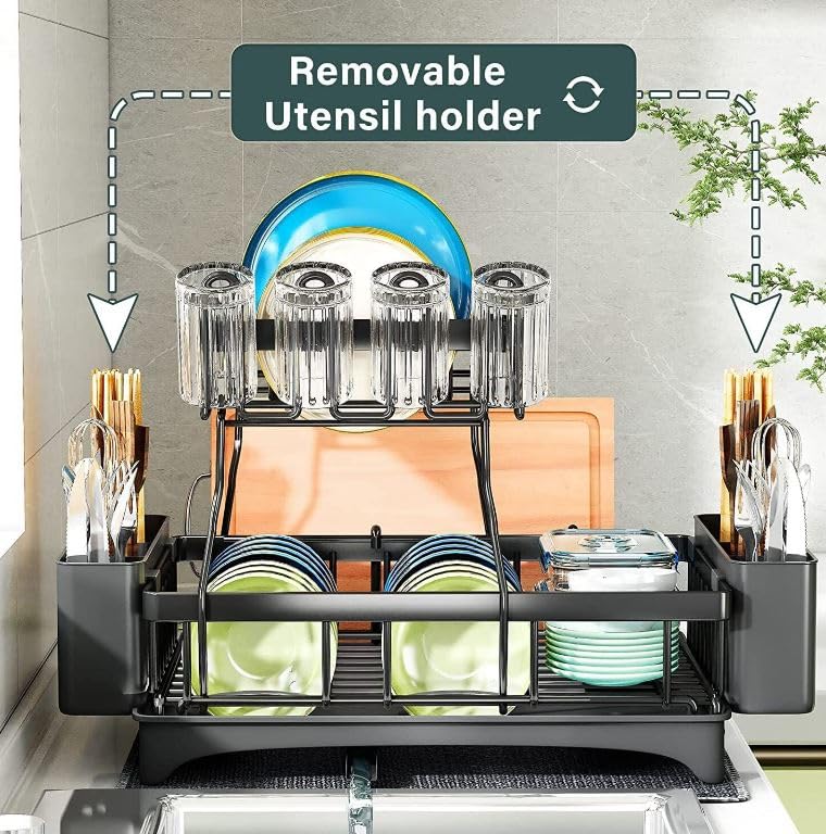 Cloyster Dish Rack Compact Dish Drainer Carbon Steel Dish Drying Rack with Removable Cutlery Holder Anti Rust Plate Rack Small Sink Drainer for Sink or Kitchen Countertop - Image 5