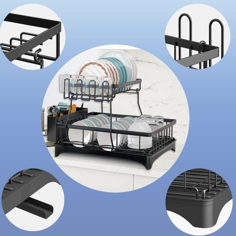 Cloyster Dish Rack Compact Dish Drainer Carbon Steel Dish Drying Rack with Removable Cutlery Holder Anti Rust Plate Rack Small Sink Drainer for Sink or Kitchen Countertop - Image 4