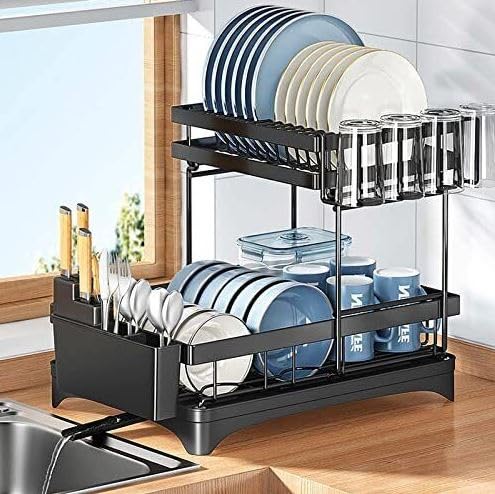Cloyster Dish Rack Compact Dish Drainer Carbon Steel Dish Drying Rack with Removable Cutlery Holder Anti Rust Plate Rack Small Sink Drainer for Sink or Kitchen Countertop - Image 1