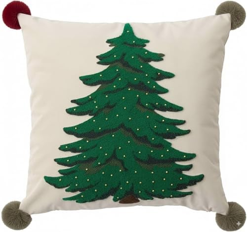 MOCOFO White Pillowcase 18x18 Embroidered Christmas Tree Pillow Cover Festive Long Sofa and Bedside Cushion Cover Dcor Cover ONLY - Image 1