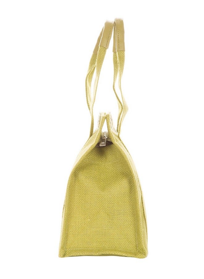 Jute Cottage Lunch Bag for Women and Men | Casual Grocery Carry Bag | Tiffin Bag With Zip | Vertical Brocade Fabric - Olive Green - Image 3