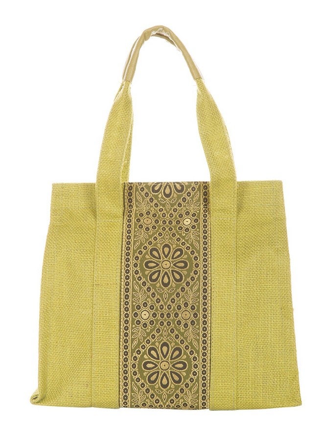 Jute Cottage Lunch Bag for Women and Men | Casual Grocery Carry Bag | Tiffin Bag With Zip | Vertical Brocade Fabric - Olive Green - Image 2