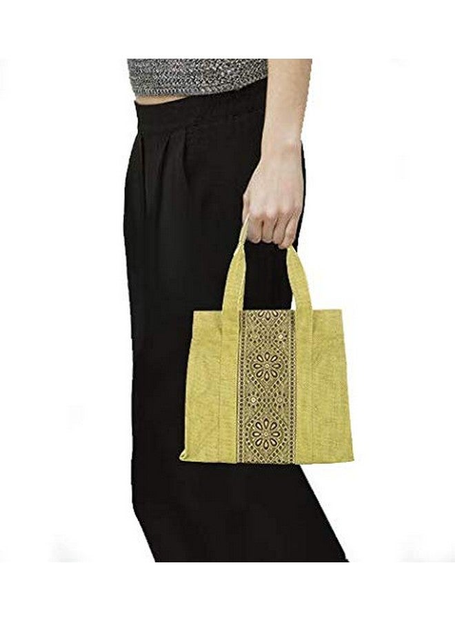 Jute Cottage Lunch Bag for Women and Men | Casual Grocery Carry Bag | Tiffin Bag With Zip | Vertical Brocade Fabric - Olive Green - Image 5