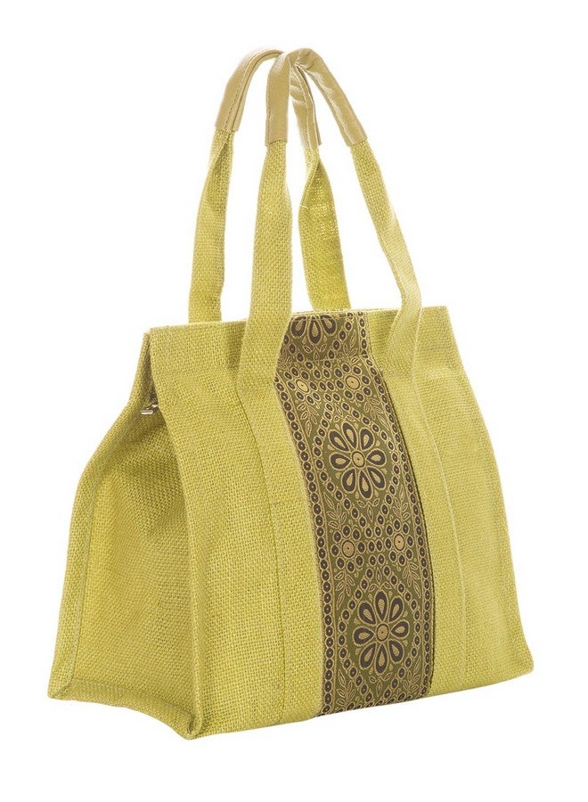 Jute Cottage Lunch Bag for Women and Men | Casual Grocery Carry Bag | Tiffin Bag With Zip | Vertical Brocade Fabric - Olive Green - Image 1