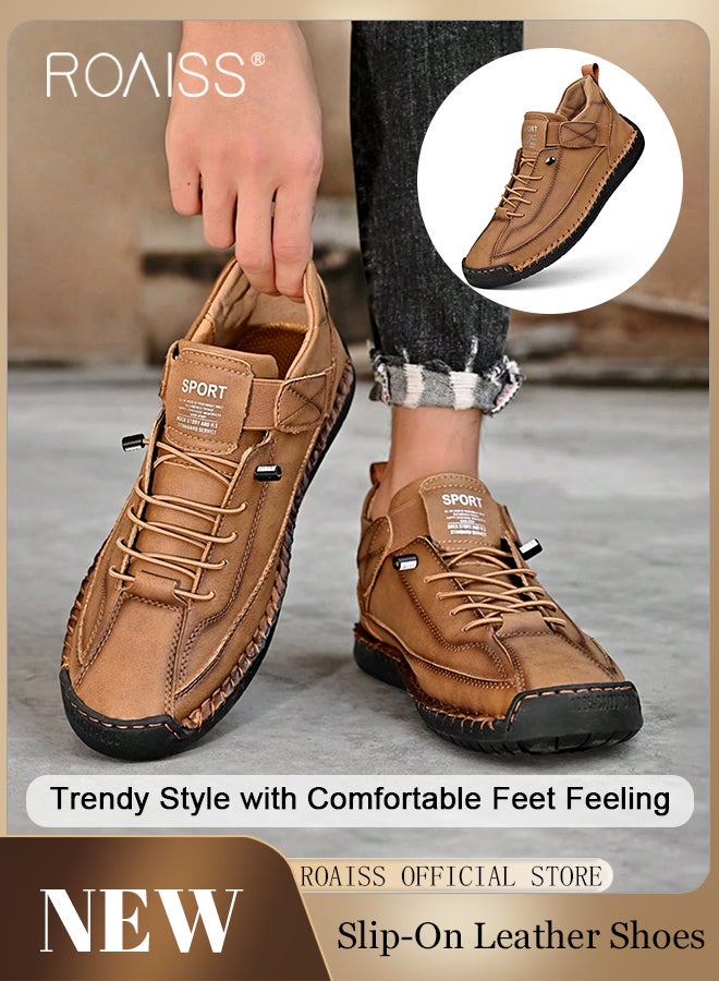 roaiss Casual Leather Loafers for Men Stylish Versatile Retro Slip-On Soft Bottom Wear Resistant Flat Shoes for Driving Comfy and Breathable Ankle Boots with Stitch Decor for Outdoor Hiking  - Image 1